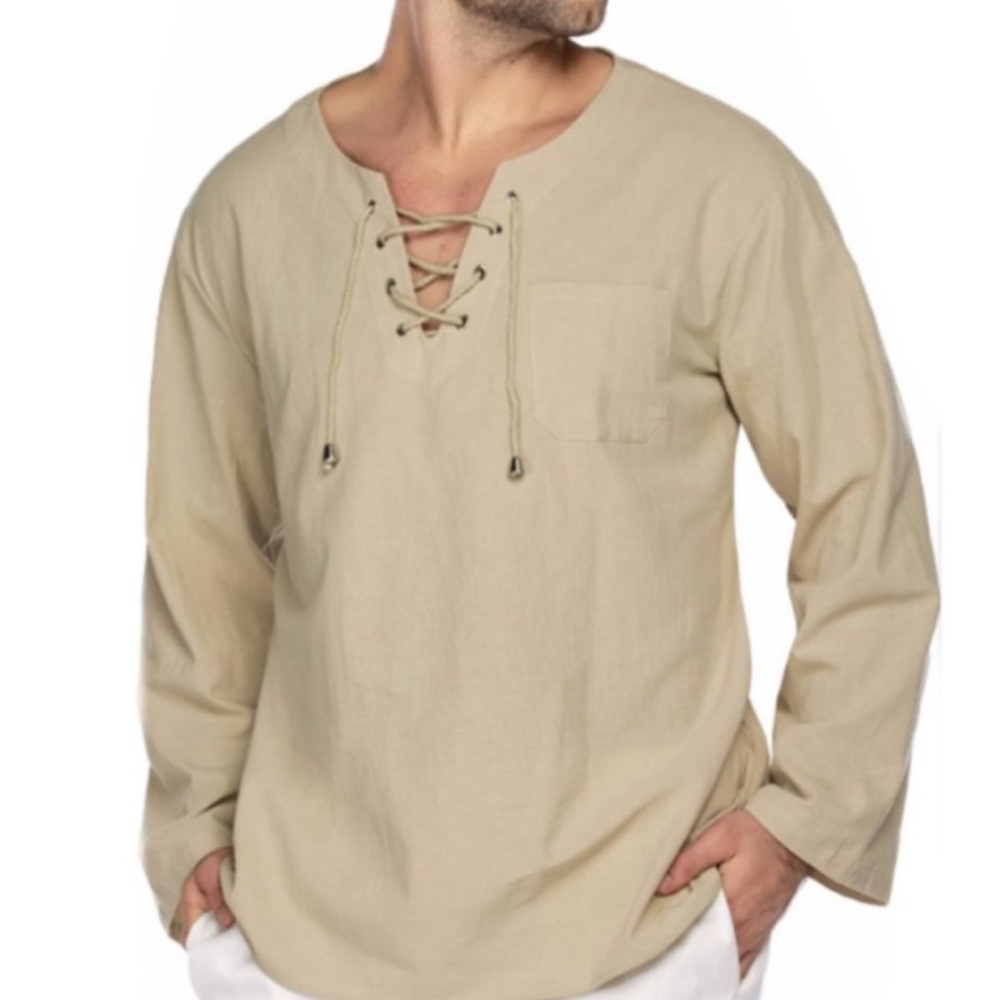 COOFANDY Men Casual Cotton Linen T Shirt Short Sleeve Lace Up Renaissance Tunic